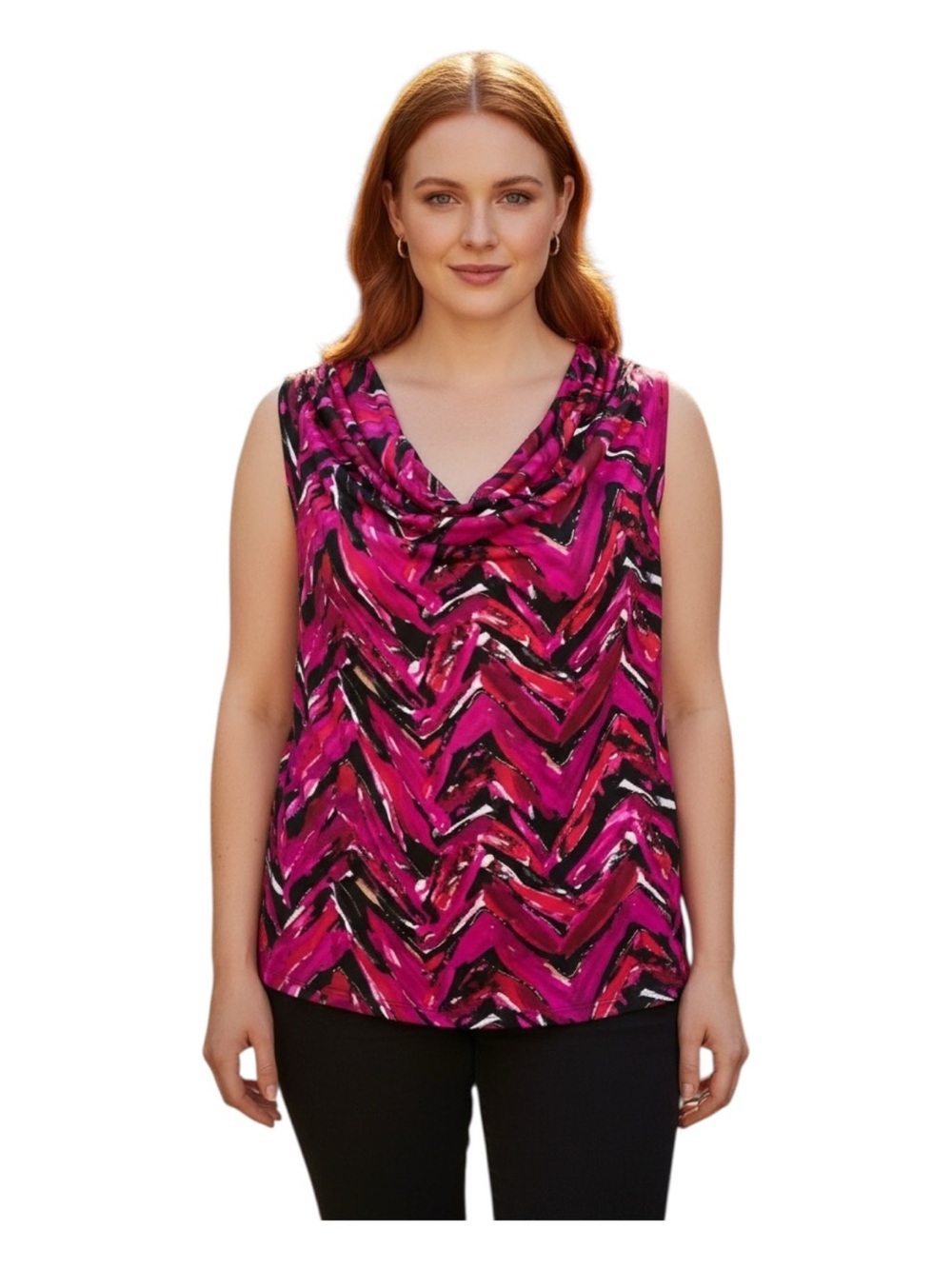Jones Studio Plus Size 2X Sleeveless Cowl Neck Top in Vibrant Magenta Chevron
